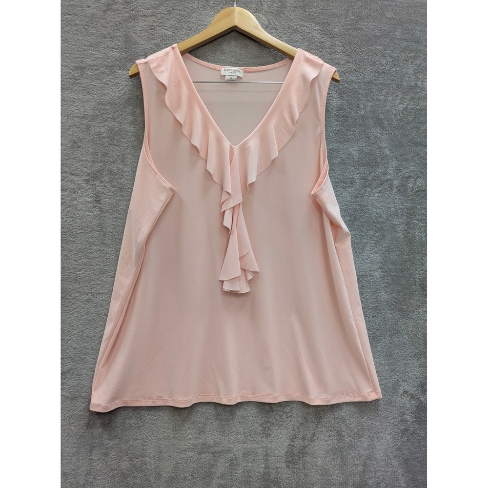 Romantic Ruffle V-Neck Tank Top Women 2X Pink Sleeveless Blouse Elan + Grace